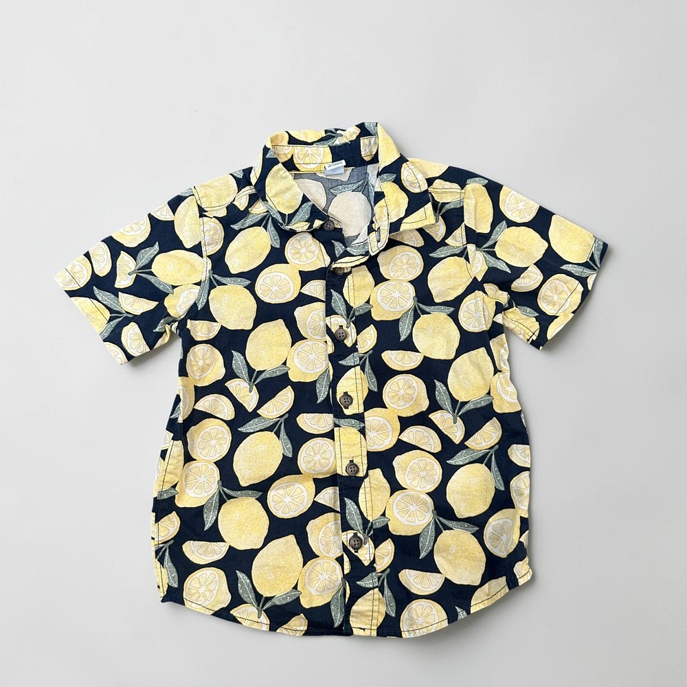 Old Navy Kids 4T Lemon Print Short Sleeve Button Down‎ Shirt Navy Blue Yellow